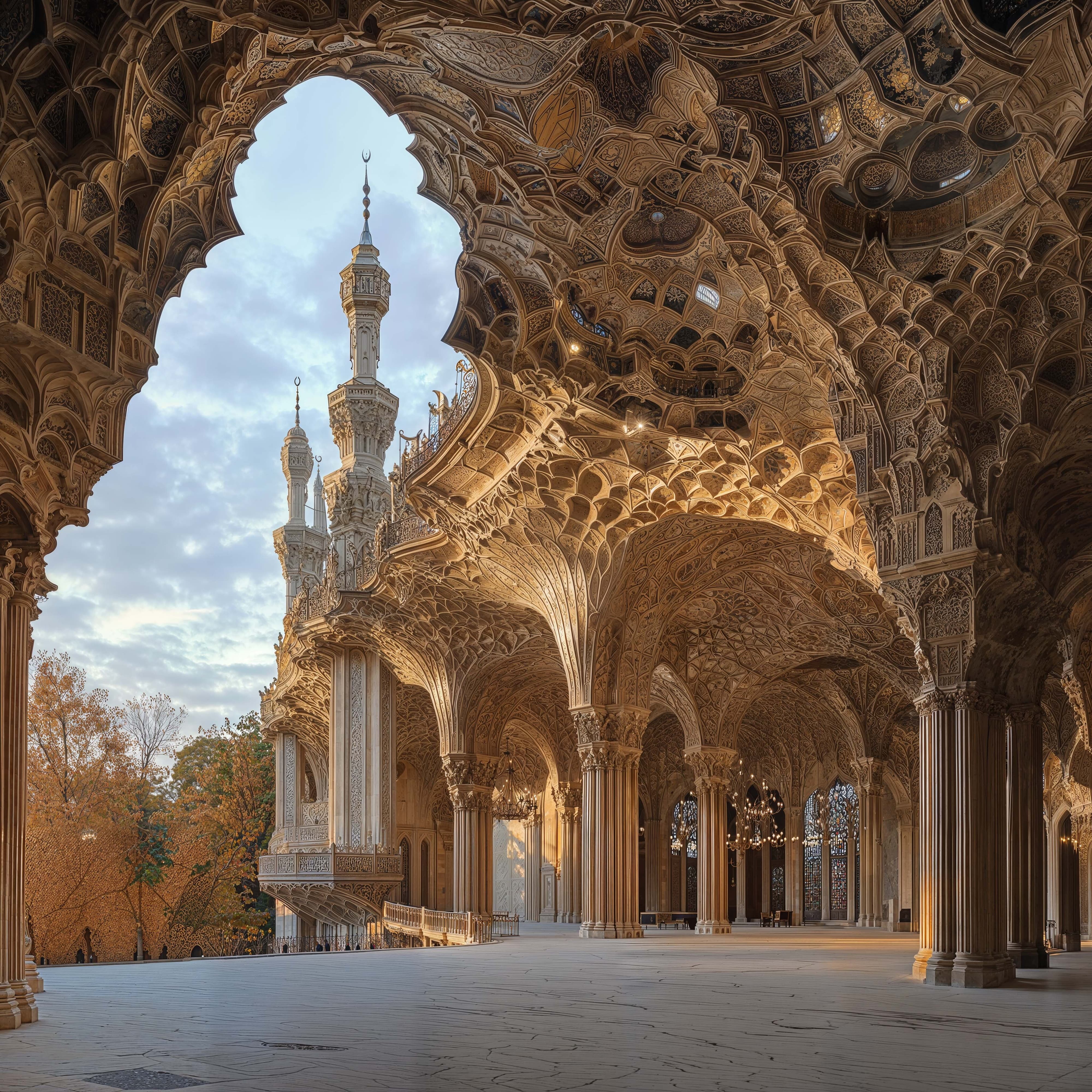 A threshold between a partially internal space, highlighting the beautiful islalmic muqarnas detailing that use a Baroque characteristic of multiplicity to combine the various forms together.