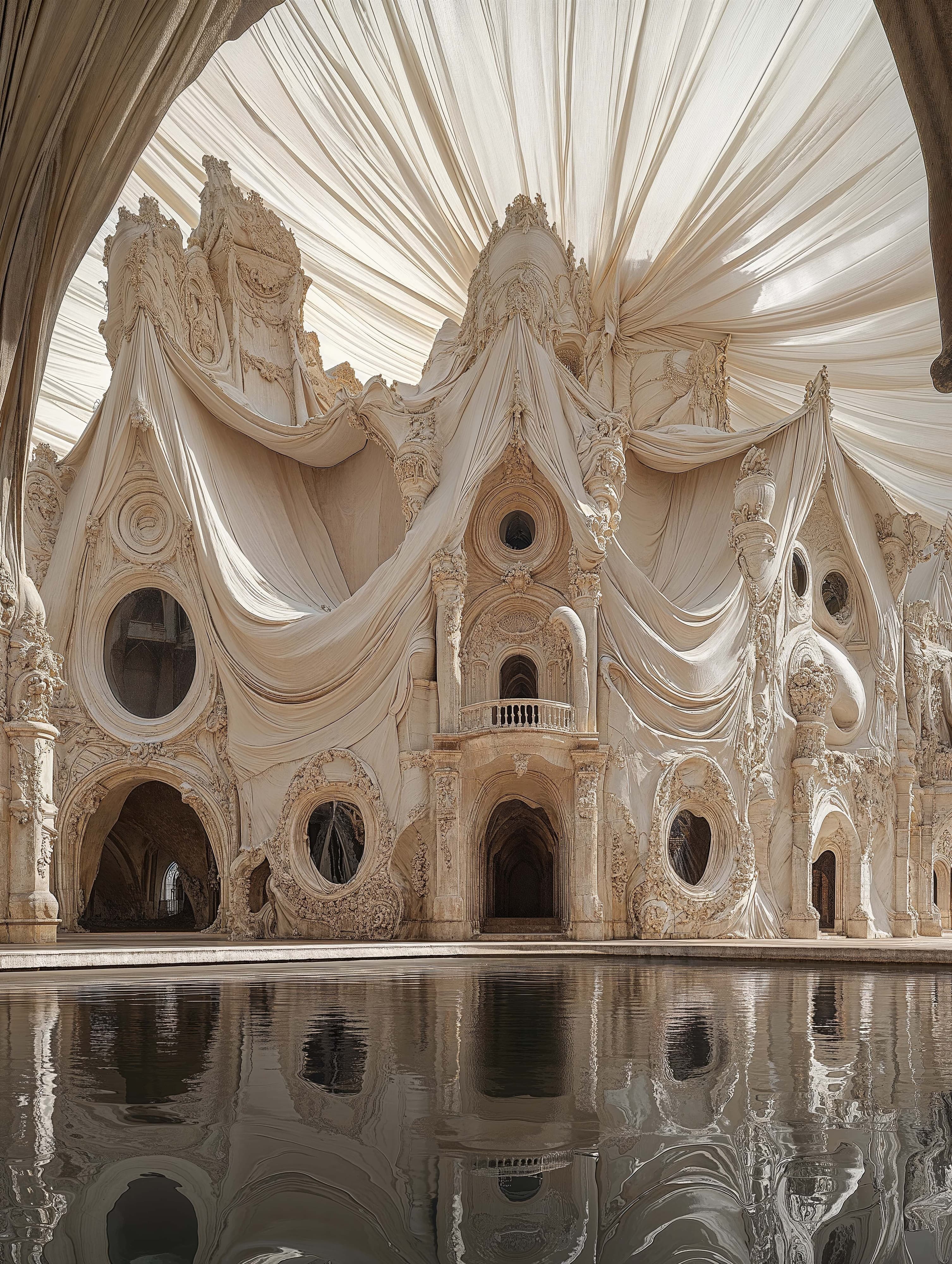 Tensile Baroque: The internal visual for this series brings these ideas to the interior. These images are all made with the intention of pushing that which cannot be practically pushed, utilising the AI realm as an advantage, combining this with a hyperrealism allows one to bring these dreams closer to reality.